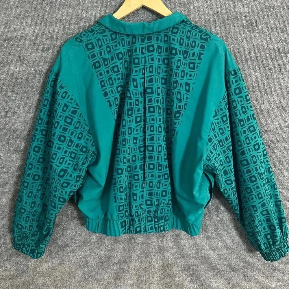 Vintage 90s LBH Windbreaker Womens Medium Teal Green Geometric Sporty Jacket - Picture 4 of 16